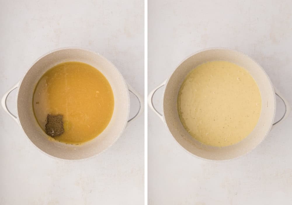 two photos; one shows broth, bouillon, salt, and pepper added to the roux. The other shows the mixture whisked together with milk.