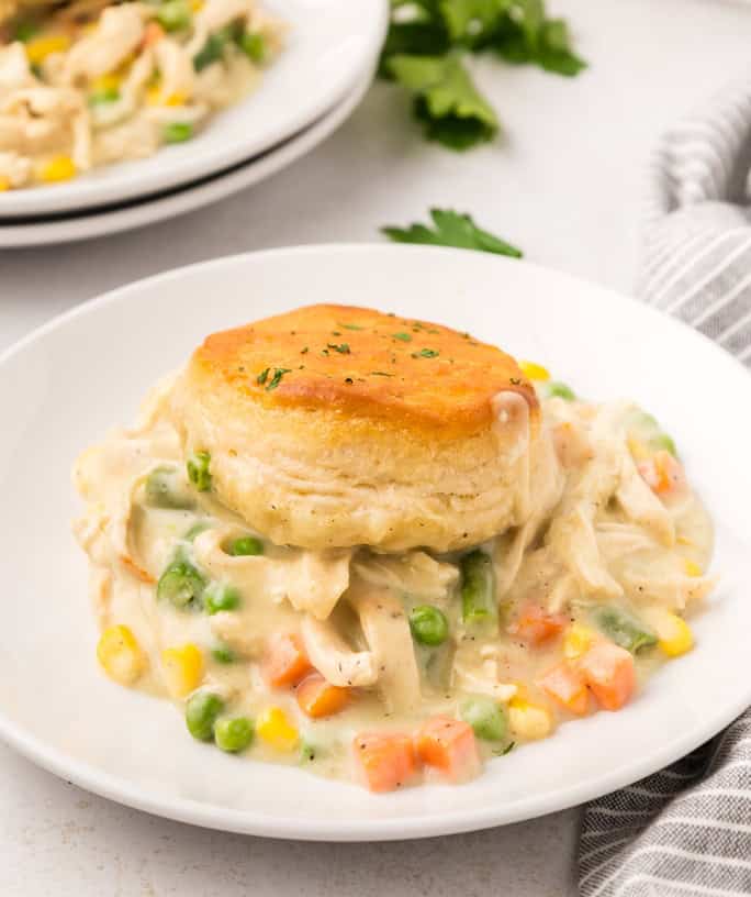 Chicken pot pie with biscuits served on a white plate.