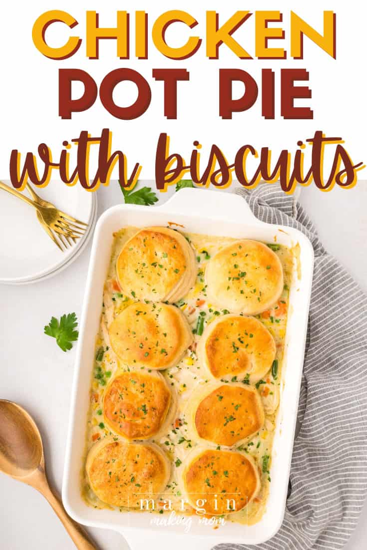 overhead view of a casserole dish with chicken pot pie with biscuits served in it.