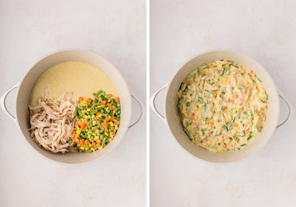 two photos; one shows shredded chicken and frozen vegetables added to gravy mixture; the other shows the ingredients stirred together.