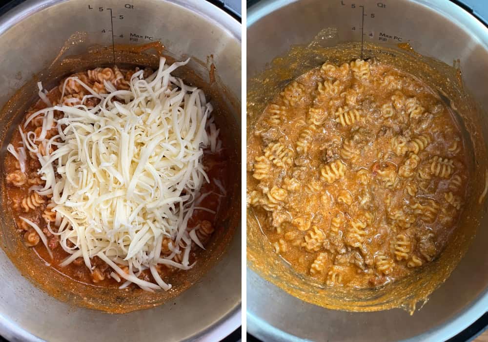 two photos; one shows shredded mozzarella added to the lasagna casserole, the other shows the cheese melted into the sauce.