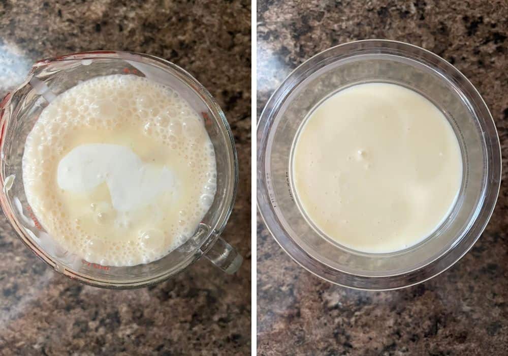 two photos; one shows heavy cream added to the mixture, the other shows the gelato base in a Ninja Creami pint container, ready for freezing.