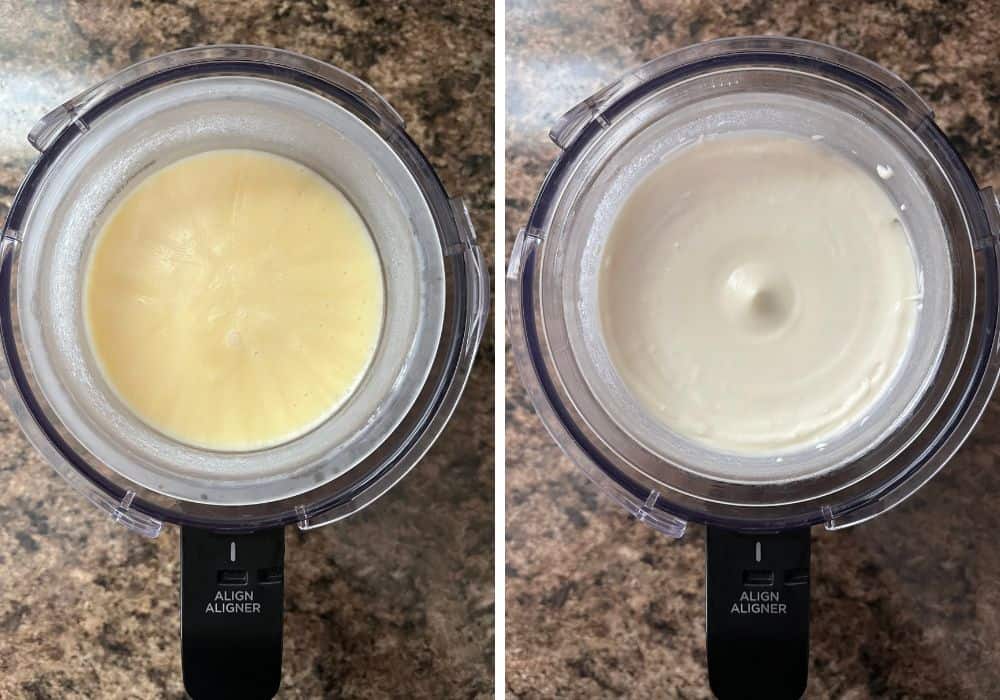 two photos; one shows the frozen base for lemon gelato, the other shows the smooth and creamy gelato after spinning in the Ninja Creami machine.