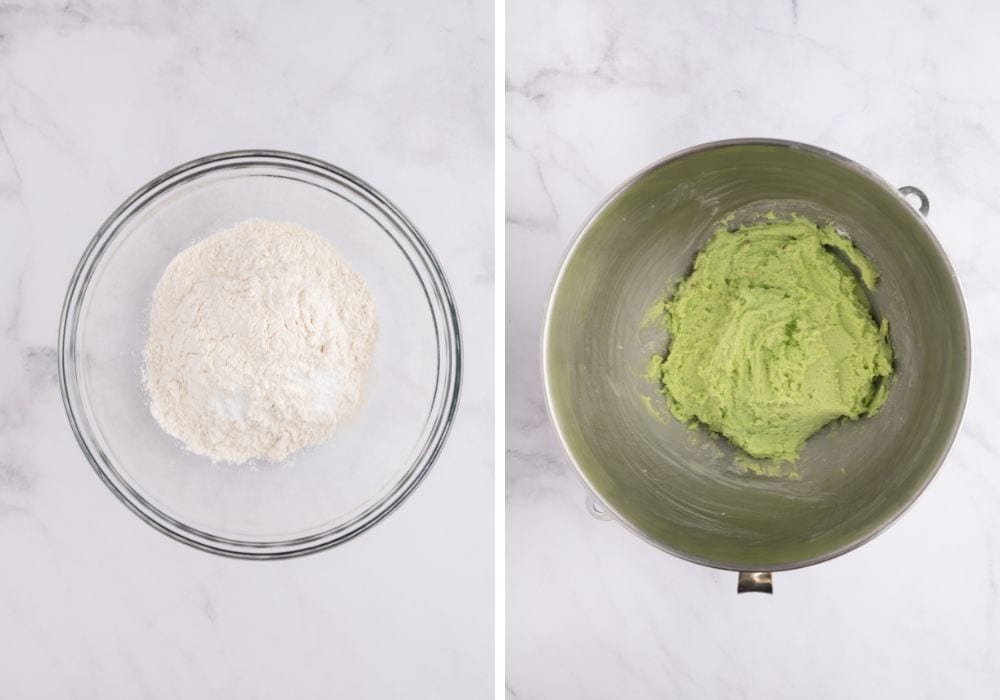 two photos; one shows dry ingredients in a glass mixing bowl, the other shows the dry ingredients added to the pistachio cookie batter.