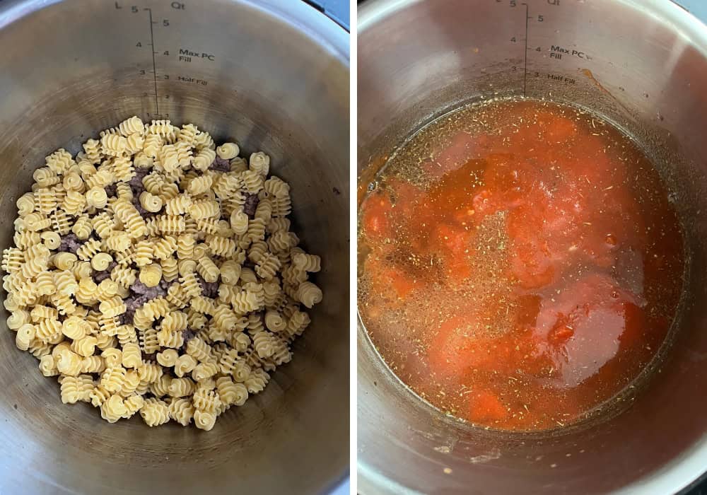 two photos; one shows radiatore noodles over ground beef in the Instant pot, the other shows beef broth, spaghetti sauce, and seasonings added to the Instant Pot.
