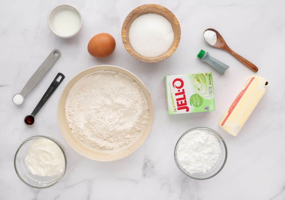 mise en place photo of ingredients needed to make chewy pistachio pudding cookies.