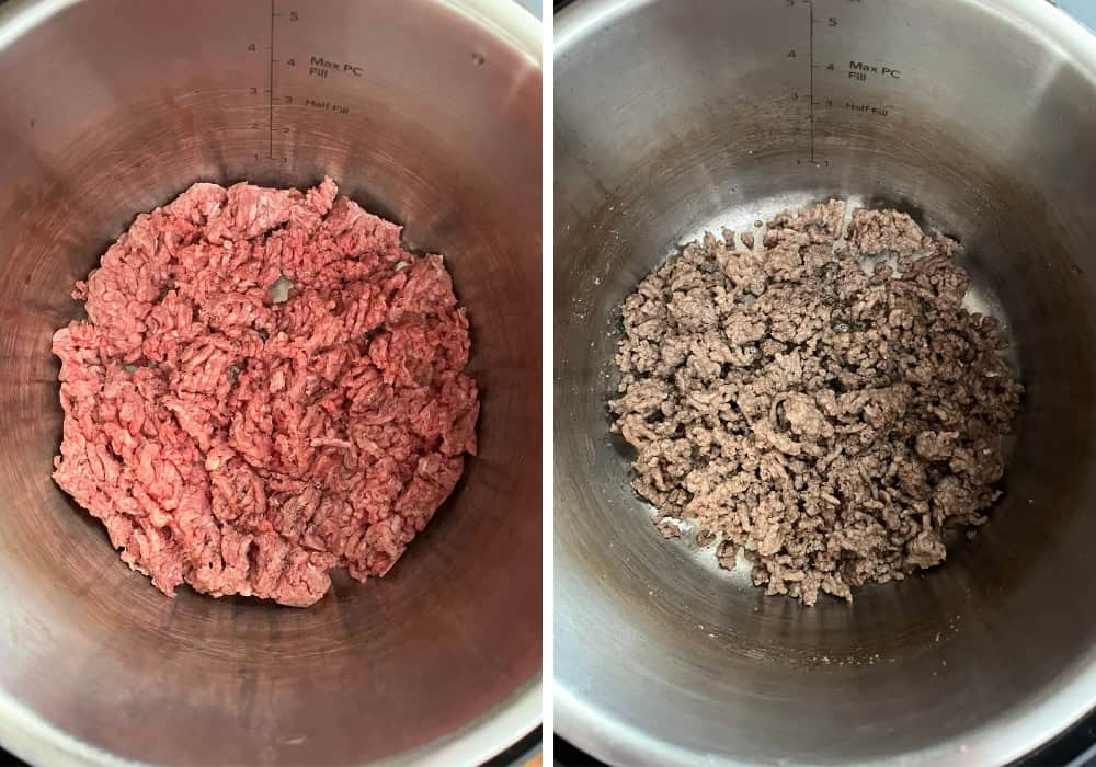 two photos; one shows raw ground beef in the insert pot of the Instant Pot, the other shows the ground beef after browning with the Saute function.