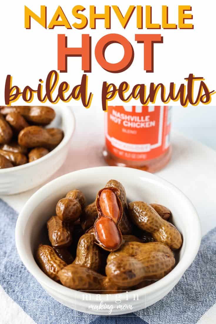 two white bowls containing Nashville Hot boiled peanuts, with a bottle of Nashville Hot Chicken seasoning in the background.