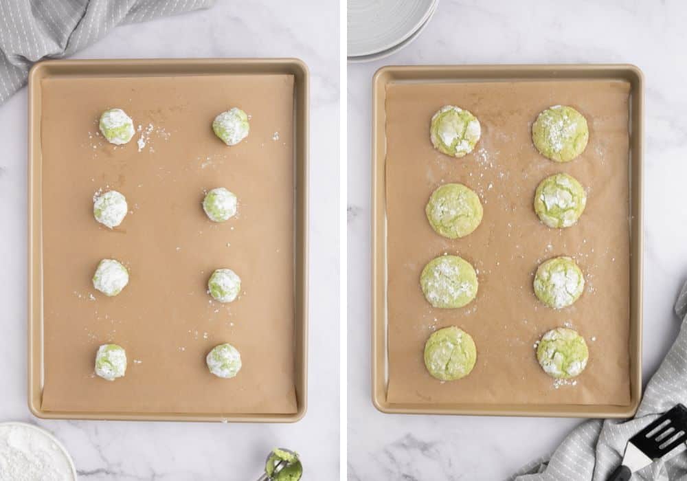 two photos; one shows cookie dough balls on a baking sheet, the other shows the pistachio pudding cookies after they've been baked.