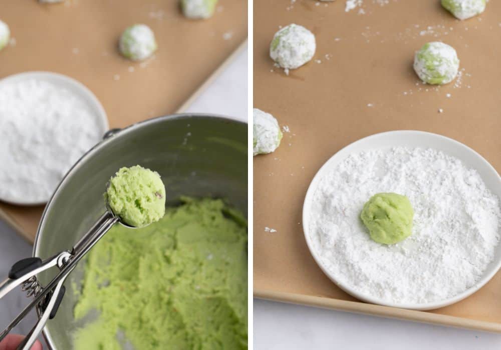 two photos; one shows a cookie scoop scooping out some pistachio cookie dough. The other shows the dough ball being rolled in powdered sugar.