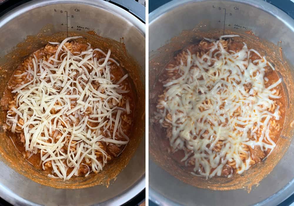 two photos; one shows mozzarella cheese sprinkled on top of the deconstructed lasagna, the other shows that cheese melted.