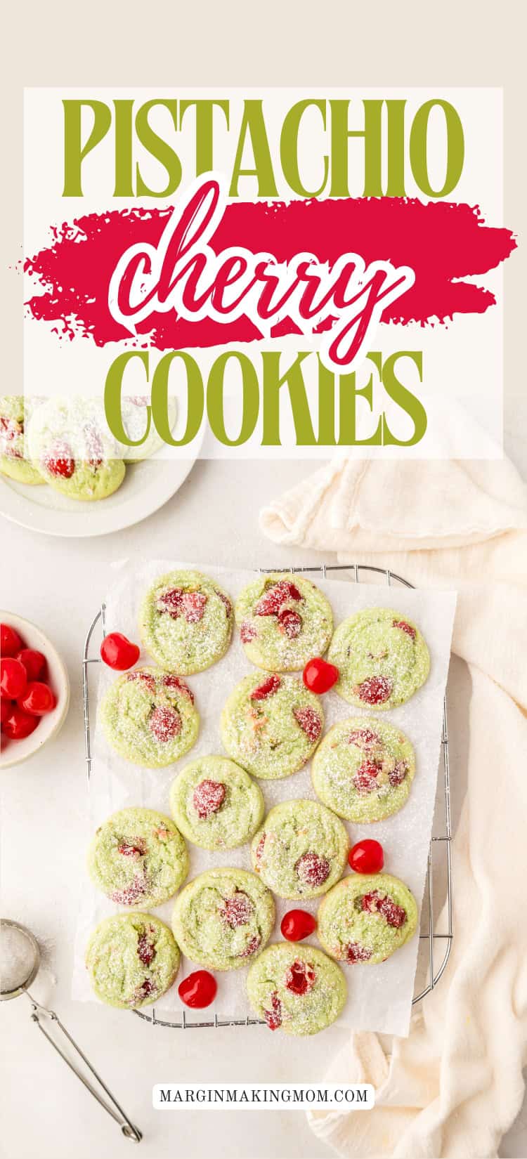 overhead view of several pistachio cherry cookies made with pistachio pudding mix, on a parchment-lined wire rack.