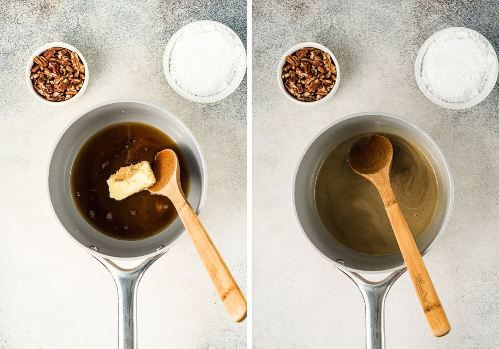 two photos; one shows brown sugar, butter, water, and corn syrup in a small saucepan. The other shows the ingredients heated together.