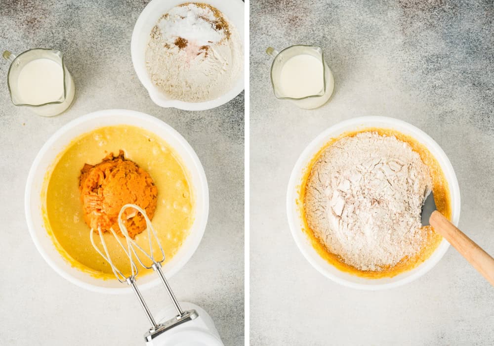 two photos; one shows sweet potato puree added to wet ingredients; the other shows dry ingredients added to the batter.