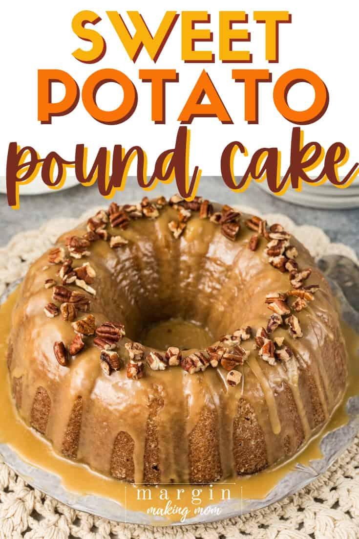 sweet potato pound cake on a serving plate, topped with brown sugar glaze and pecans.