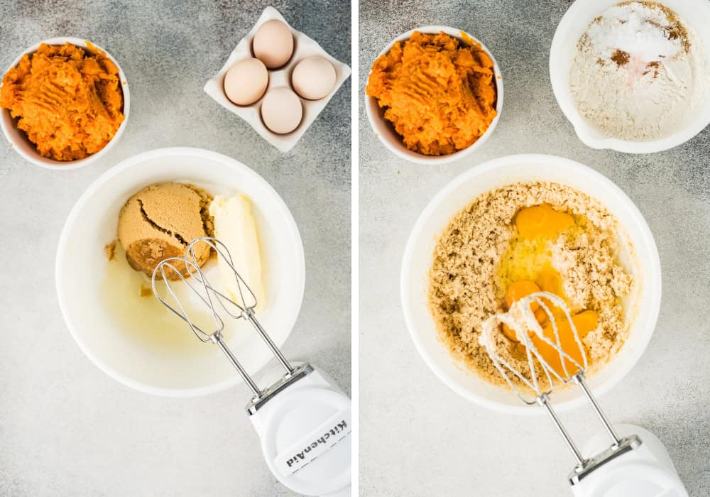 two photos; one shows sugars, butter, and oil in a mixing bowl with an electric mixer. The other shows eggs added to the bowl.