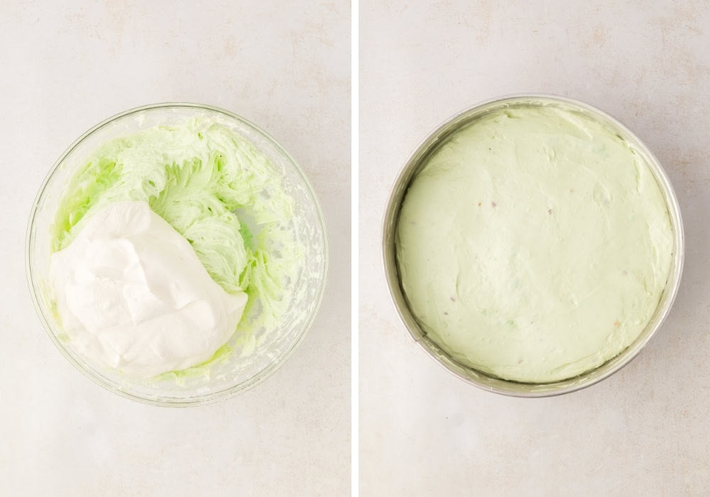 two photos; one shows whipped cream added to pistachio pudding mixture; the other shows the mixture spread over the graham cracker crust in the springform pan.