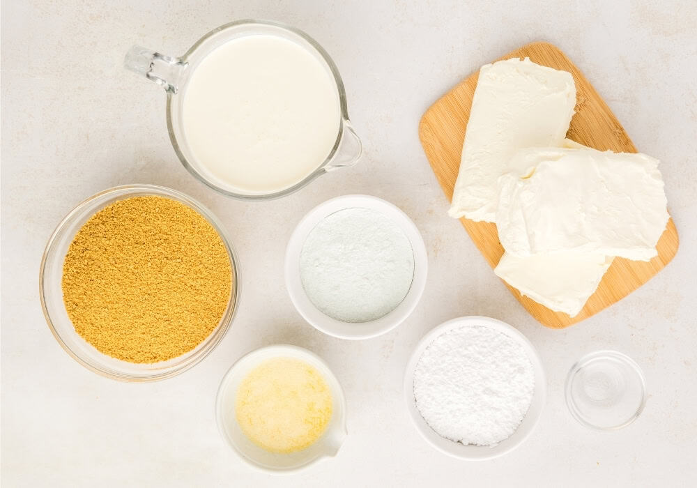 mise en place of ingredients needed for no bake pistachio cheesecake