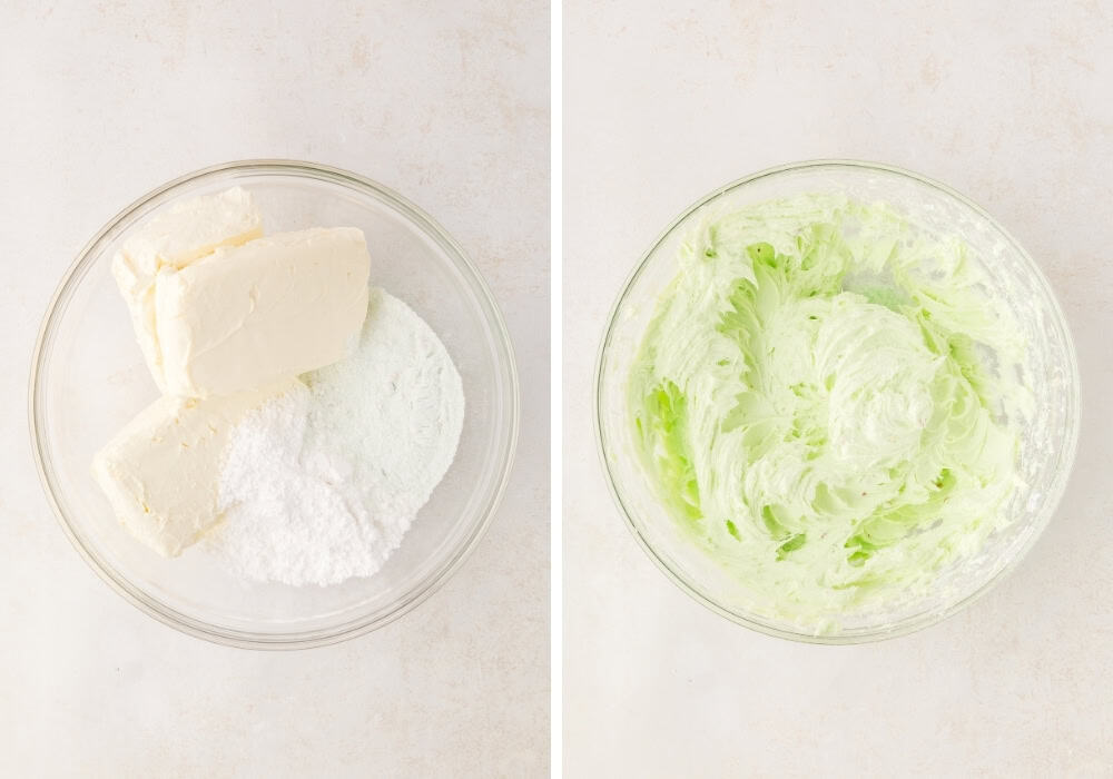 two photos; one shows cream cheese, pistachio pudding mix, powdered sugar, and almond extract in a mixing bowl. The other shows the ingredients beaten together.