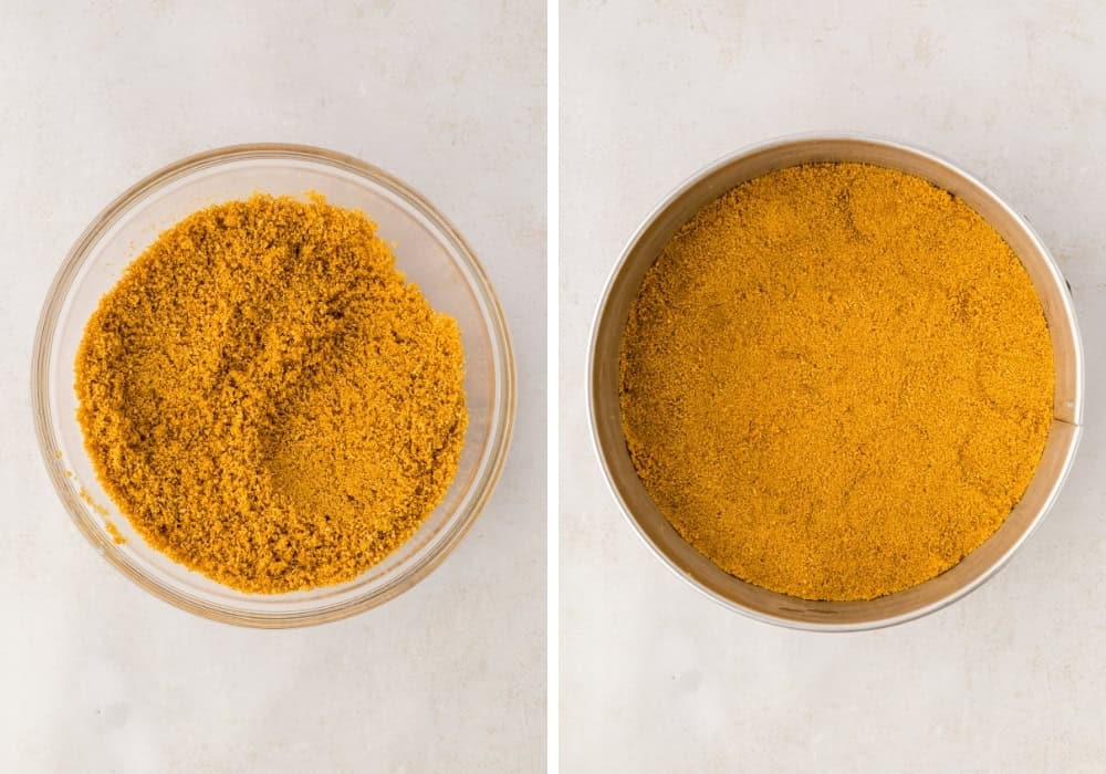 two photos; one shows graham cracker crumbs and butter in a mixing bowl; the other shows the crumbs packed into a springform pan to form the crust.