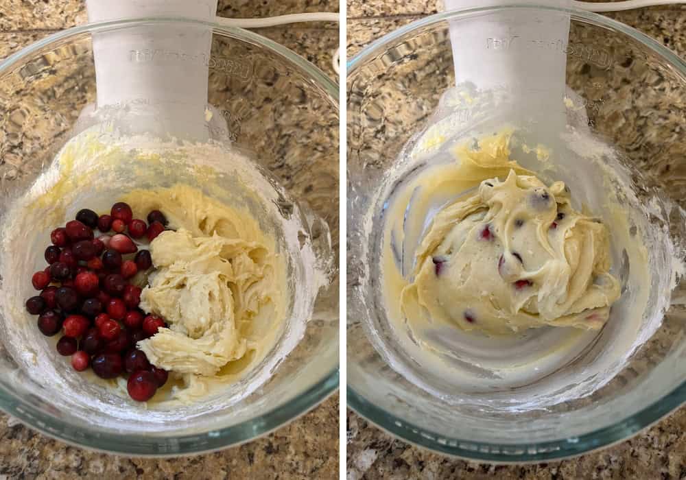 two photos; one shows fresh cranberries added to the muffin batter; the other shows the berries mixed in.
