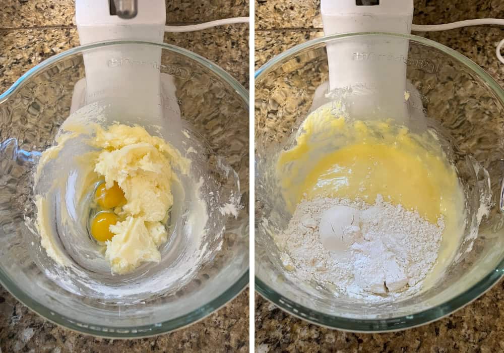 two photos; one shows eggs and extracts added to the butter and sugar mixture; the other shows the dry ingredients added to the bowl.