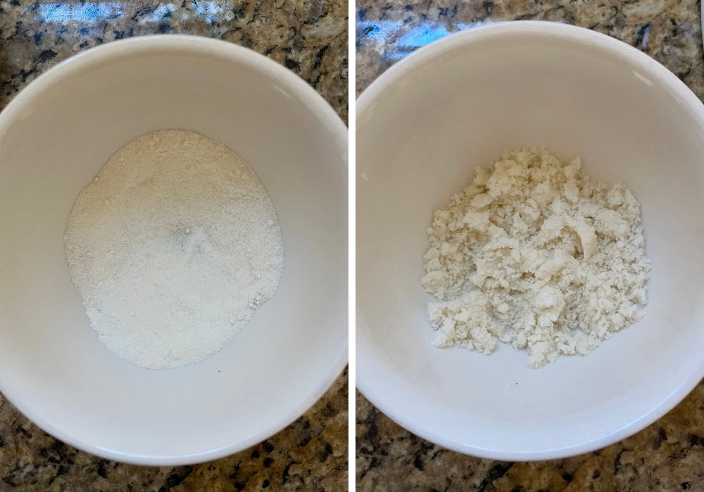 two photos; one shows sugar and flour in a small bowl; the other shows vegetable oil mixed in to make the streusel.