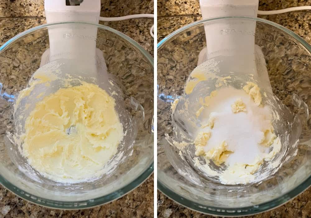 two photos; one shows butter and cream cheese beaten together in a glass mixing bowl; the other shows sugar added to the mixture.