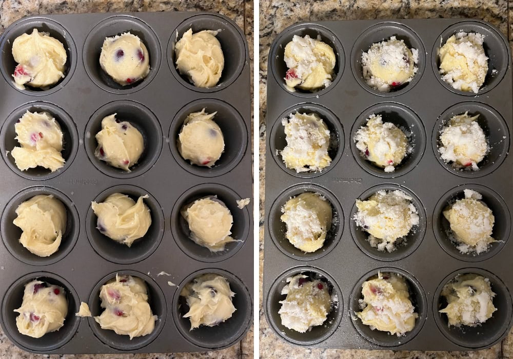 two photos; one shows muffin batter divided between the wells of a muffin pan; the other shows streusel topping added over the batter.