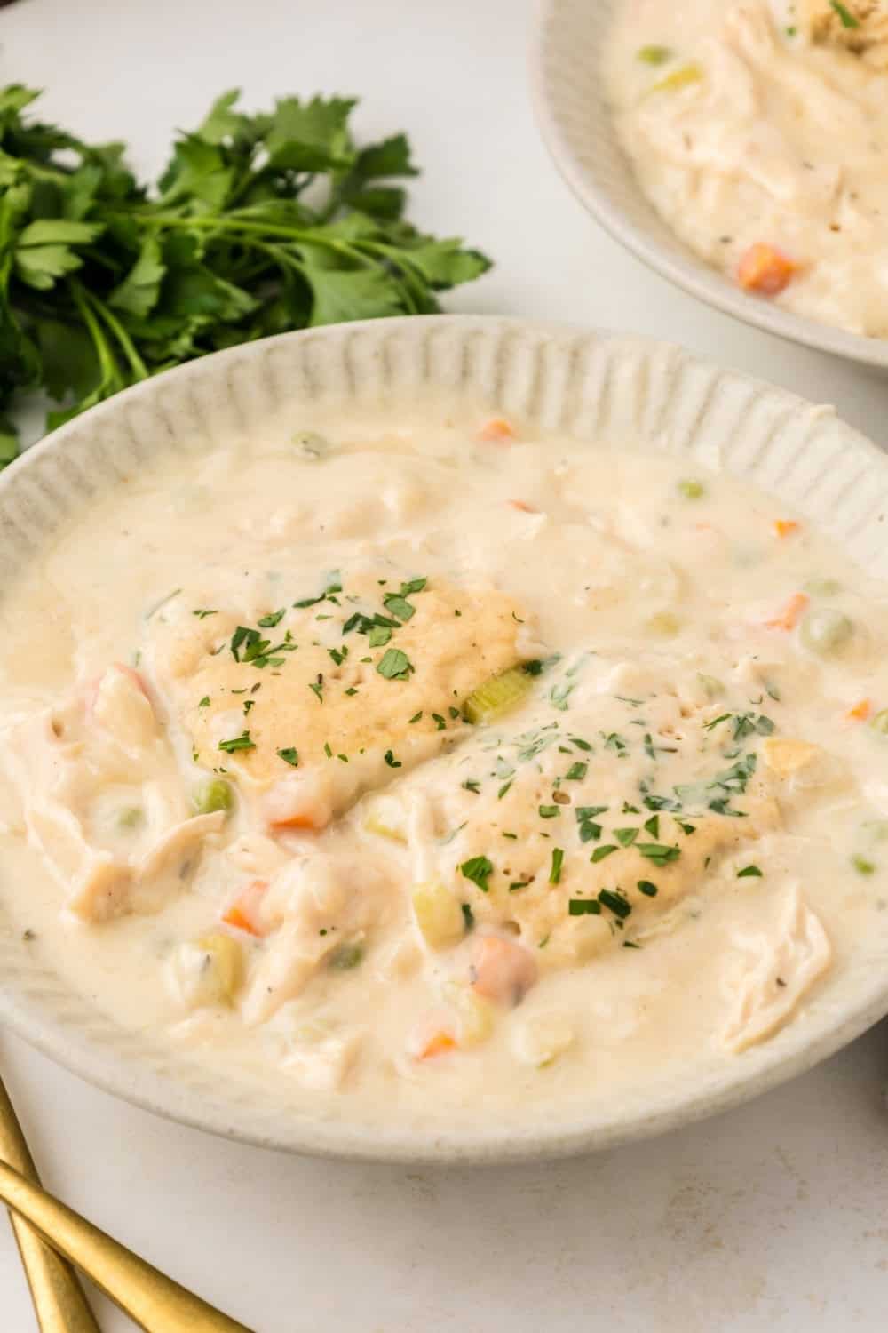 a white bowl filled with a serving of slow cooker chicken and dumplings made with Bisquick.