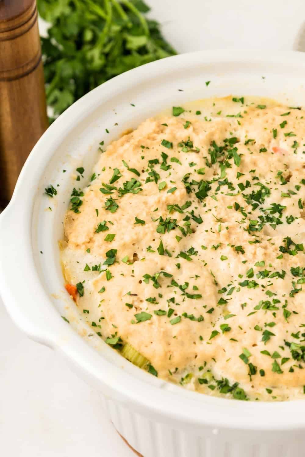 Crock Pot of chicken and Bisquick dumplings, garnished with fresh parsley.