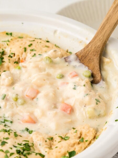 Crock Pot chicken and Bisquick dumplings, freshly cooked, with a wooden serving spoon scooping some out.