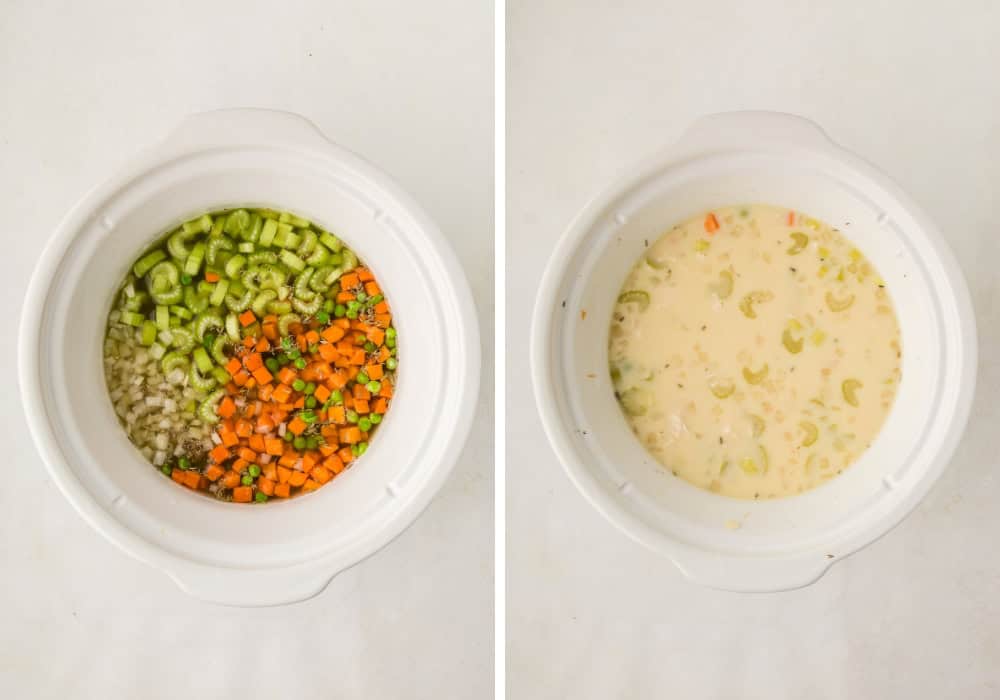 two photos; one shows chicken, onion, celery, peas, carrots, chicken broth, salt, thyme, and pepper in a slow cooker. The other shows those ingredients after cooking.