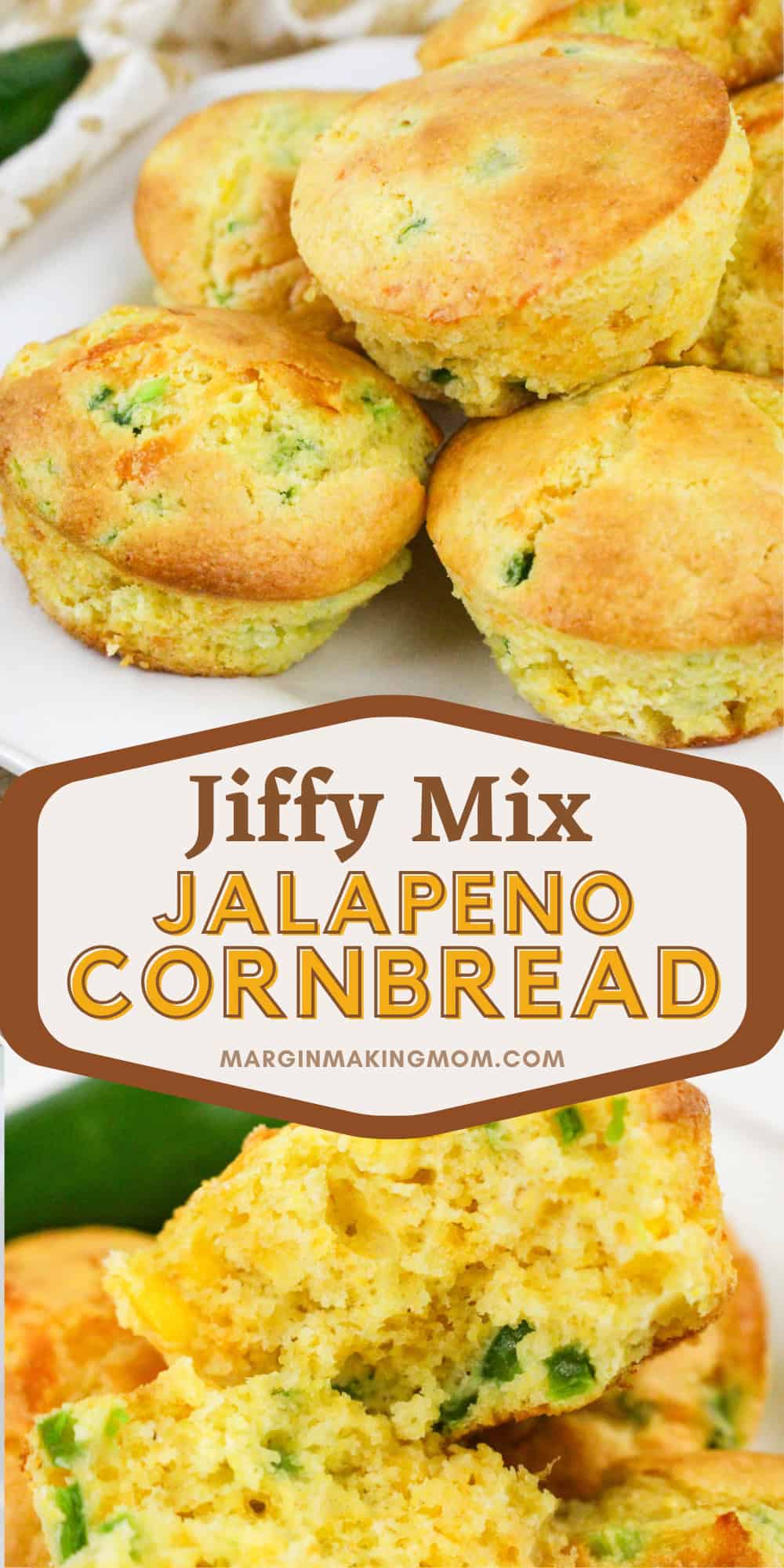 Jiffy jalapeno cornbread muffins on a white plate. One muffin is split open, showing the moist interior.