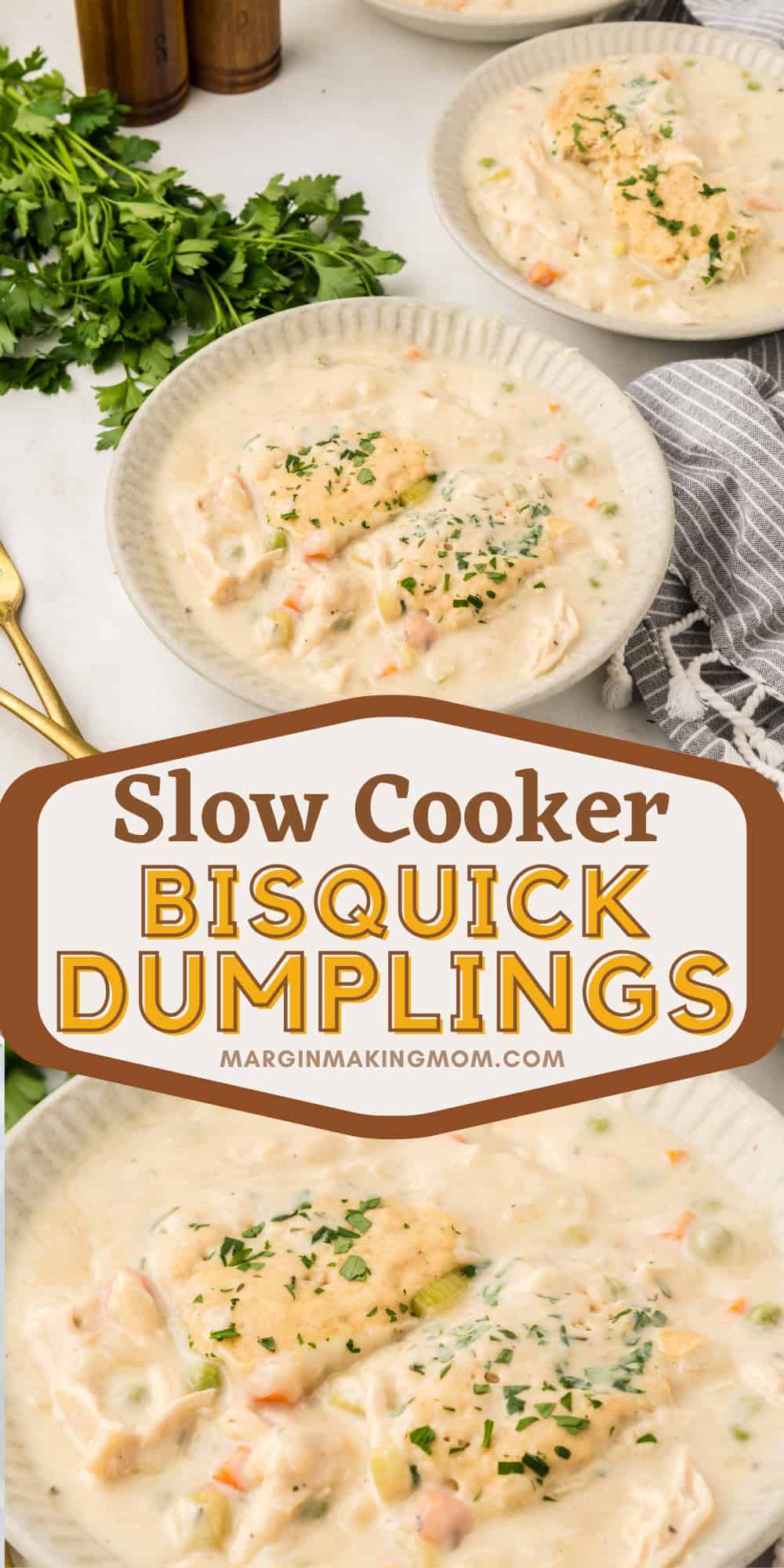 multiple bowls of slow cooker Bisquick dumplings, chicken, and veggies.