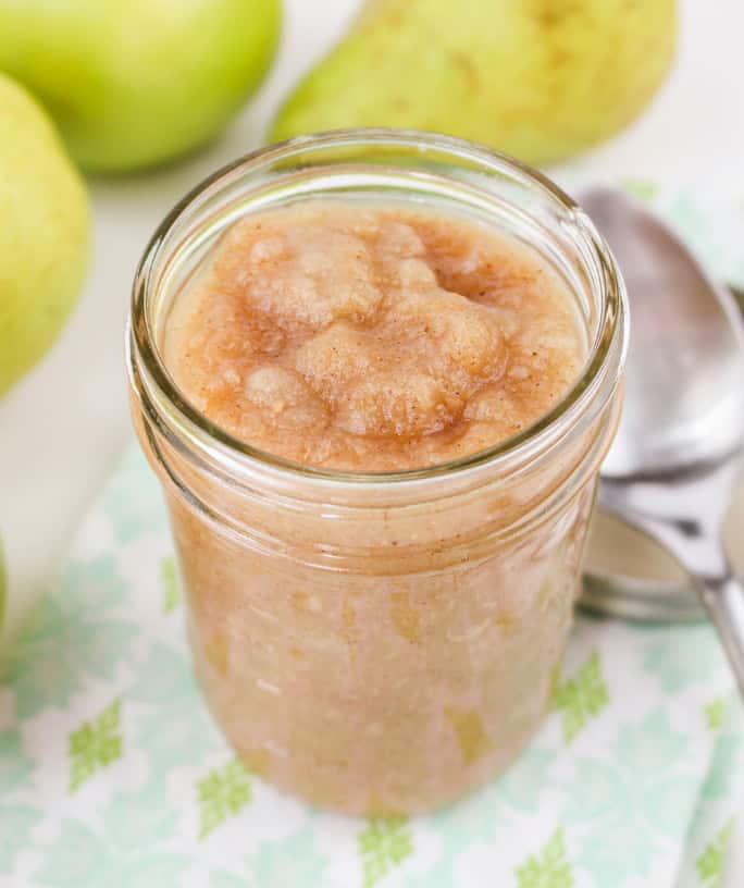 a glass jar of homemade apple pear sauce