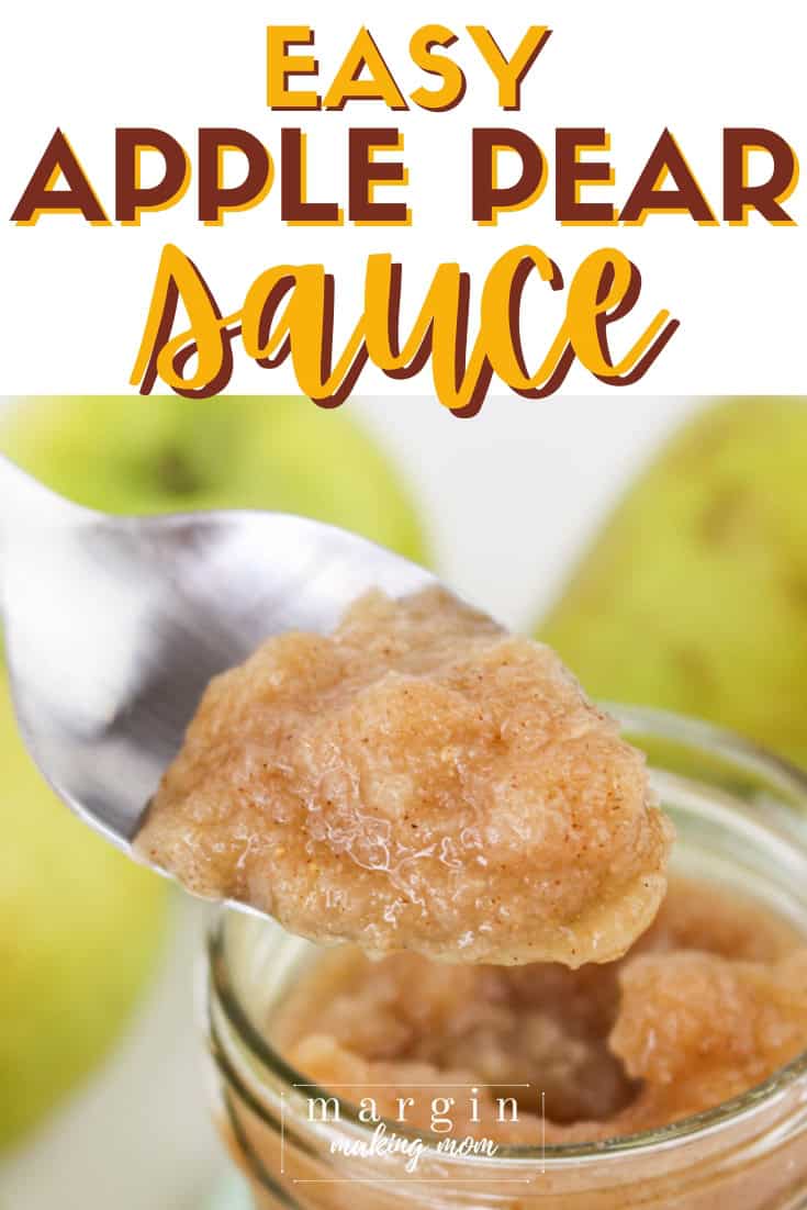 a spoon scoops out some apple pear sauce from a jar.