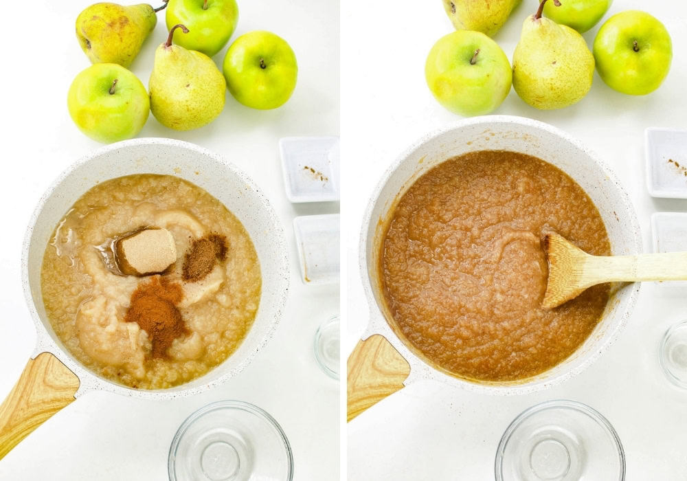 two photos; one shows brown sugar and spices added to the pear applesauce; the other shows them mixed in.