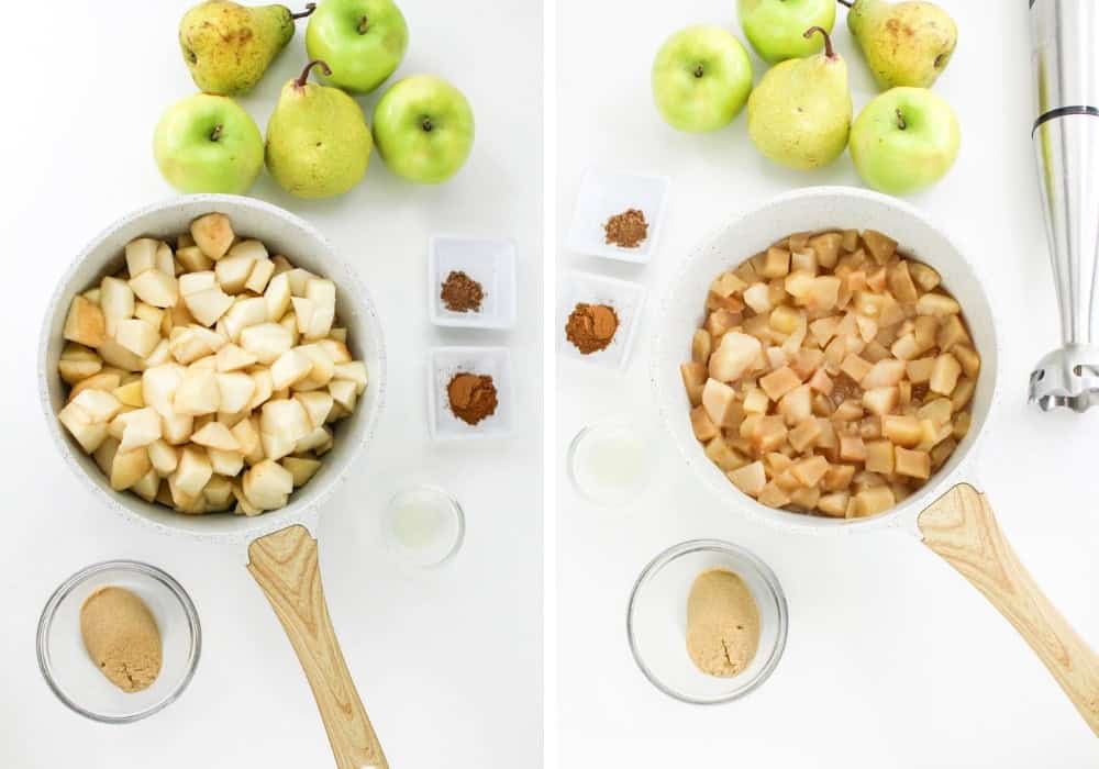 two photos; one shows chunks of fresh apples and pears in a saucepan; the other shows the fruit after cooking until soft.