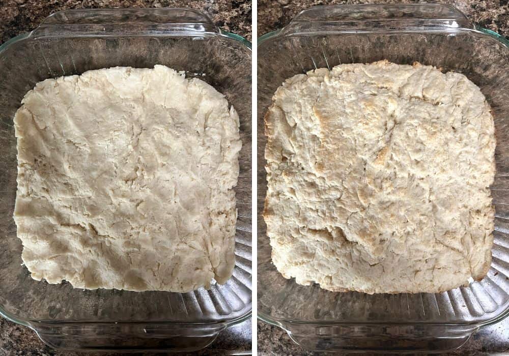 two photos; one shows dough pressed into a prepared glass pan; the other shows the shortcake after baking.