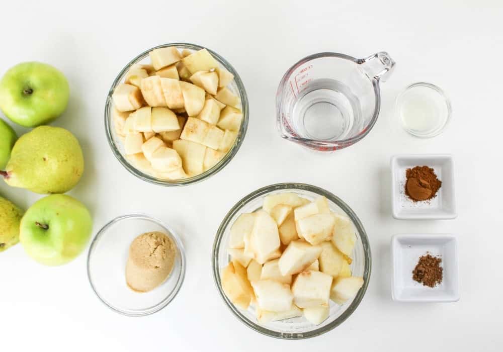 mise en place view of ingredients needed for making apple pear sauce.