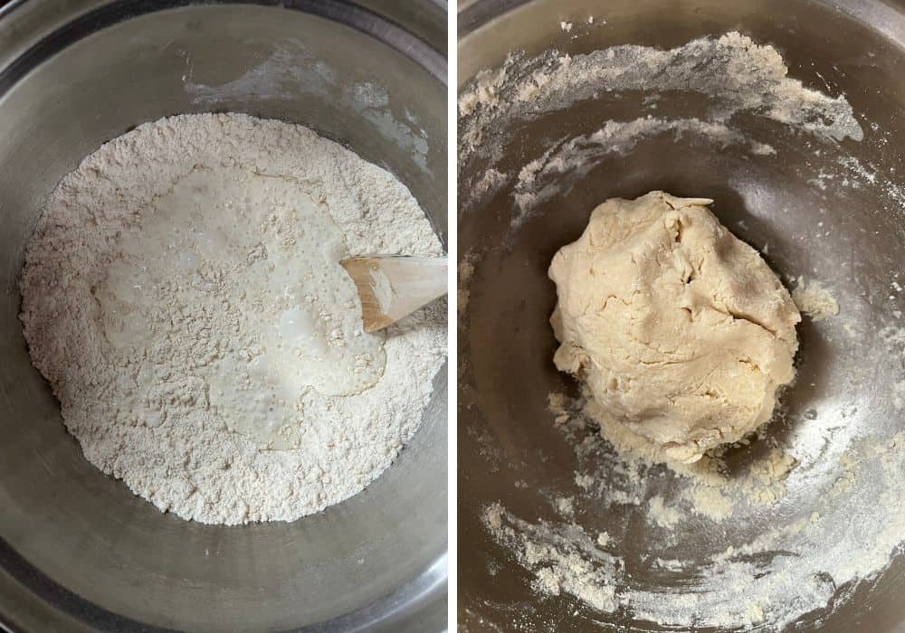 two photos; one shows milk and cream added to the dry ingredients; the other shows the dough formed into a ball.