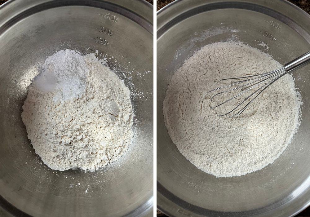 two photos; one shows flour, baking powder, sugar, and salt in a mixing bowl; the other shows the ingredients whisked together.
