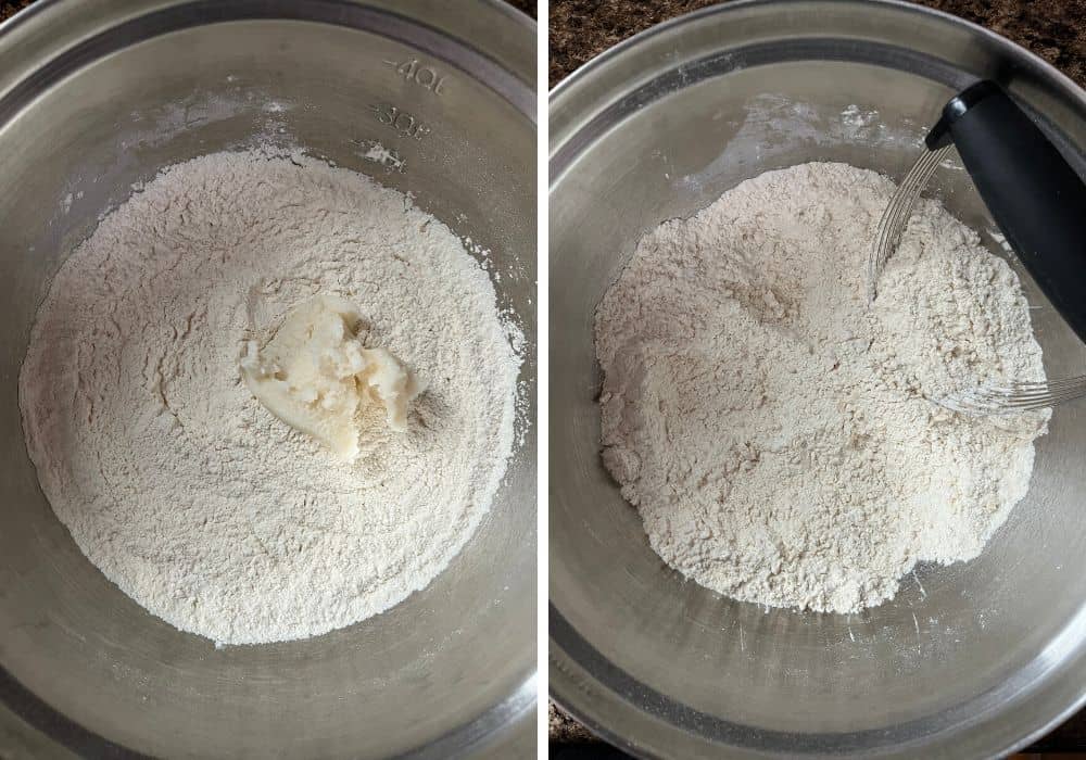 two photos; one shows vegetable shortening added to the dry ingredients; the other shows a pastry blender in the bowl as the shortening has been mixed in.