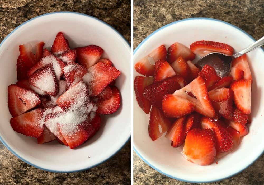 two photos; one shows strawberries and sugar in a white mixing bowl; the other shows the berries after some of their juices have been released.