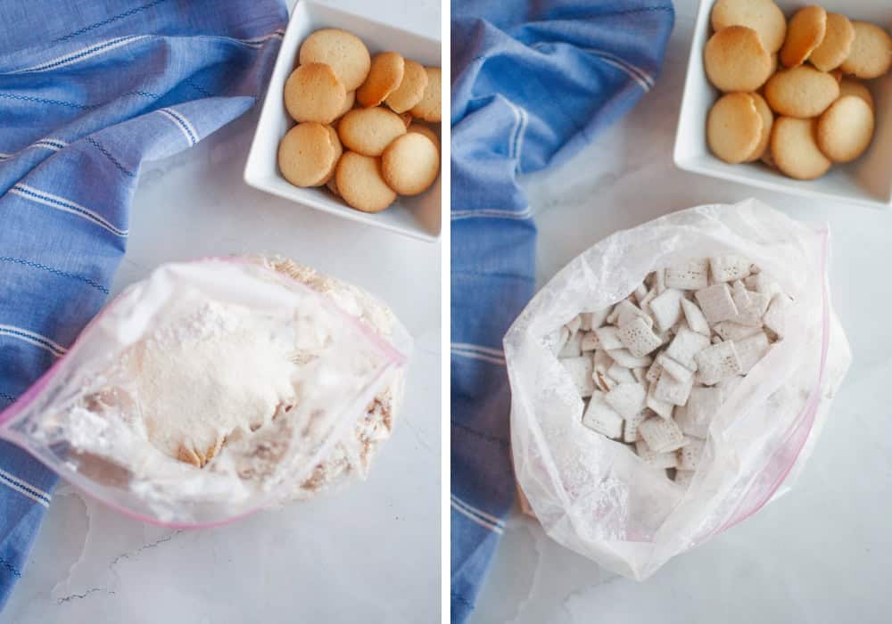 two photos; one shows banana pudding mix and powdered sugar in a gallon size zip-top bag; the other shows the candy-coated chex cereal in the bag, shaken and coated with sugar mixture.