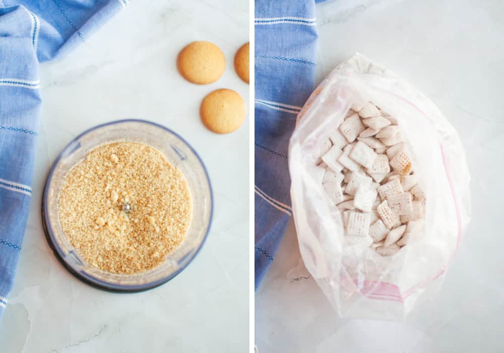 two photos; one shows vanilla wafer crumbs in a blender jar; the other shows the vanilla wafer crumbs mixed into the banana pudding puppy chow mixture in the zip-top bag.