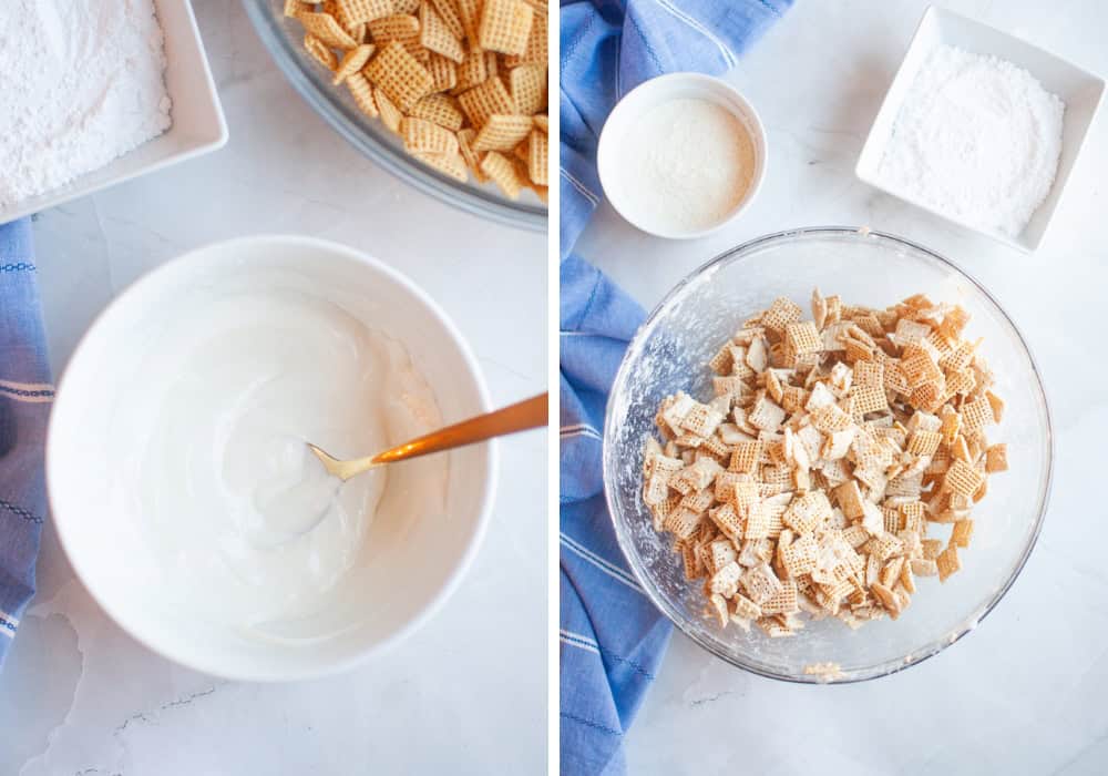 two photos; one shows melted almond bark in a white bowl; the other shows the almond bark stirred into rice Chex cereal in a glass bowl.
