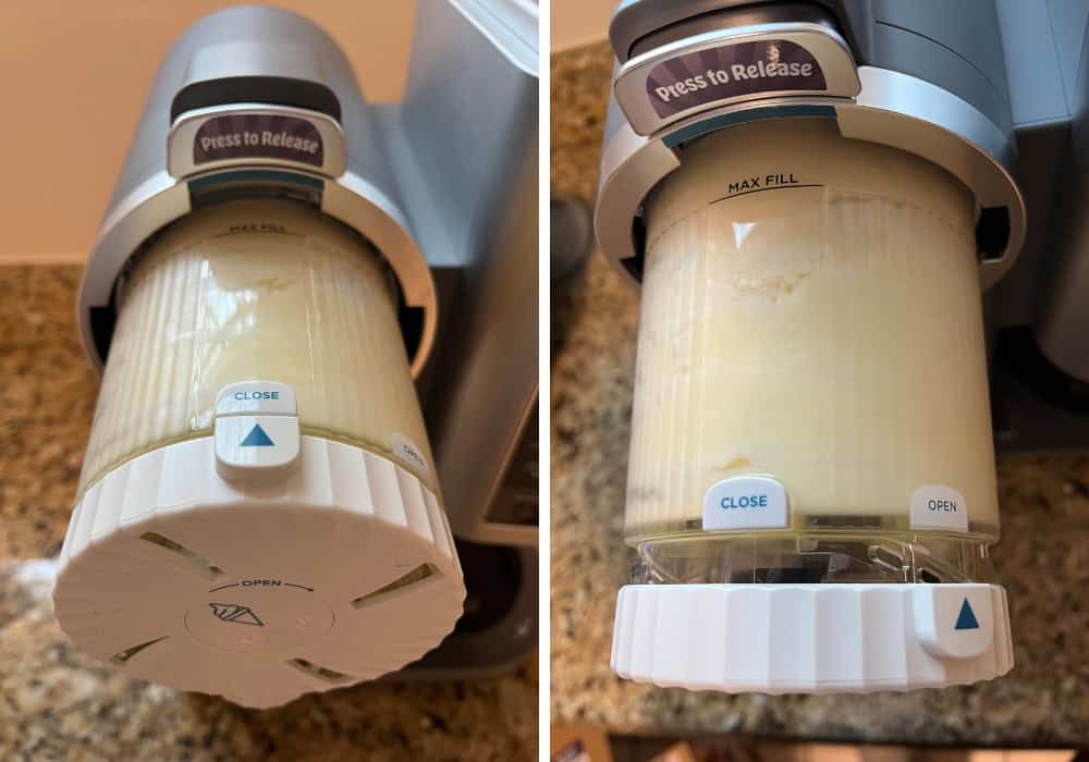 two photos; one shows the pint of vanilla ice cream attached on the soft serve side of the Ninja Creami; the other shows the soft serve dispenser in the open position.
