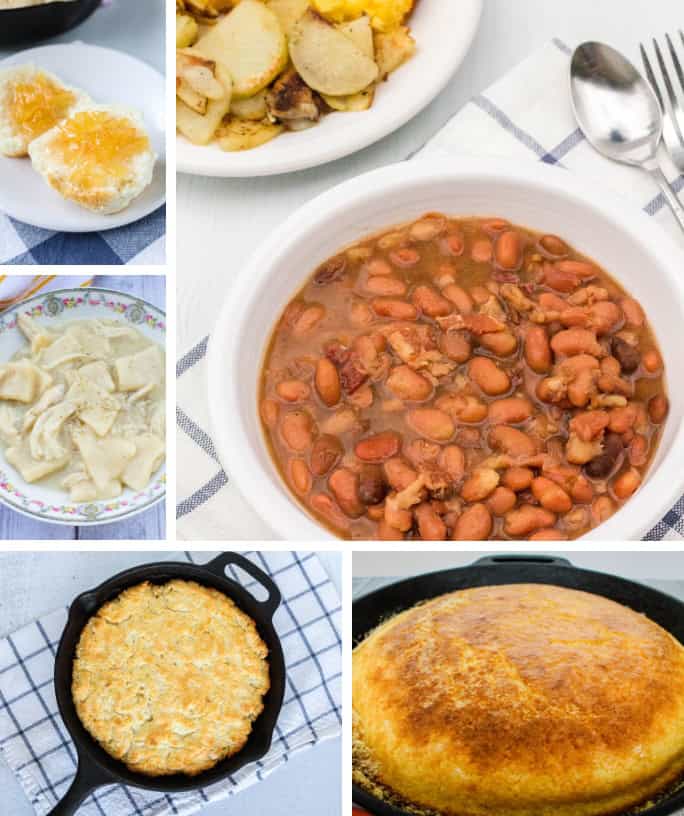 collage image featuring five Appalachian recipes, including pinto beans, cornbread, biscuits, pone bread, and chicken and dumplings.